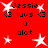 Red background with white star shapes and black text reading "Jessie", "3 luvs 3", "u", "alot" arranged in two identical horizontal sections.