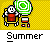 Pixelated character in red outfit holding green spiral umbrella on yellow background with gray text bar reading 'Summer' below.