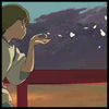 Animated scene of a character blowing white petals from hands against a twilight sky with purple clouds and red railing.