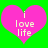 Two pink hearts on green background with 'i love life' text, left heart has pixelated text while right is clear.