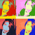 Animated sequence showing a character with dark hair and blue clothing alternating between two poses against an orange background, alongside static images of yellow and green figures on red and pink backgrounds.