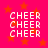 A static image with a bright pink background filled with orange stars, displaying the word "CHEER" repeated in white pixelated text across four quadrants.
