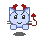 Pixelated light blue cat with red devil horns and tail, pink cheeks, black eyes, and a smiling mouth on gray background.