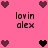 Pixelated pink background with dark purple and black heart icons arranged in a pattern, featuring repeated text "lovin alex" below each heart cluster
