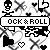 Black-and-white pixel art of repeated 'ROCK & ROLL' text banners with skull, heart, and cross symbols in a tiled pattern