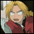 A 48x48 pixel buddy icon featuring a split composition with an anime character on the left and text elements on the right against a black background.
