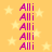 Yellow background with scattered light yellow stars, repeated purple text "Alli" in two vertical