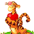 Pixelated cartoon tiger with orange-brown stripes, pink flower crown, red heart, green grass base, gray background, head and tail in various positions across frames.
