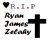 Pixelated icon with black heart, 'R.I.P' text, three lines of unreadable text, and large black cross on white background.