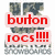 A pixelated image shows a large U-shaped logo with camouflage pattern, overlaid with red text reading "burton rocs!!!!" on the left side, and a smaller version of the same logo below it.