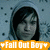 Pixelated image of a person with dark hair against a blue background, featuring an orange banner with white text reading "Fall Out Boy" at the bottom.