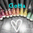Animated icon with cyan text changing from 'Gotta Luv' to 'Convs', white heart outline, and colorful floral border on gray background.