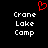 Red pixelated heart symbol above white text reading 'Crane Lake Camp' in two on black background