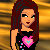 Pixelated character with long brown hair wearing black top and pink heart-shaped accessory against golden background, transitioning through three facial expressions.
