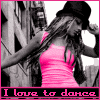 A woman in a pink dress and black hat dances against a grayscale background with text "I love to dance" at the bottom.