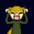 Pixelated cartoon character with yellow hair and green body, hands raised to head, mouth open in laughter, tail visible, dark blue background.