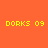 Four square display 'DORKS 09' text in yellow pixelated font against solid orange, pink, purple, and magenta backgrounds