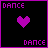 Pixelated purple 'DANCE' text appears at top and bottom of black background, with a solid heart in left and an outlined heart in right