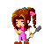 Pixel art character with brown braided pigtails and pink hair ties, wearing red top and purple overalls, holding gray staff, showing multiple expressions and green particle effects.