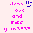 Pixelated text and heart symbol on light pink background, with identical left and right sides showing 'Jess i love and miss you<3333' in bright pink and blue.