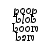 Four identical pixelated black-and-white icons arranged in a , each displaying stylized text and symbols in a retro digital font