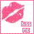 Pixelated pink lips icon with "KISS ME" text in blocky font, framed by a solid pink border on white background.
