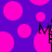 Purple background with scattered pink circles and black text 'M' on a vertical line.