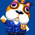 Pixelated cartoon dog with brown and white fur, pink inner ears, and large eyes, wearing a blue jacket and holding a white object against a solid blue background.