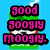 Pixelated green juice box with pink text and a smiling face, set against a blue background.