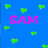 Blue background with scattered green heart shapes and pink text reading 'SAM' in pixelated font.