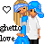 Pixel art of two figures in blue and white clothing with a heart symbol, text reading 'ghetto love', and alternating black and blue hearts.
