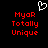 Black background with red pixelated text 'Myar Totally Unique' and a white pixelated heart symbol above the text.