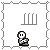 Pixelated character in gray outfit with white face and black eyes, positioned below prison bars on a of white