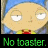 Animated contact sheet of a cartoon character with blue hair and yellow shirt displaying three frames where the text "No toaster." changes color across frames.