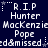 A static digital image displays a of text-based icons with 'R.I.P' above 'Hunter', 'Mackenzie', 'Pope', and 'ed&missed' on a dark blue background