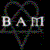 Pixelated static icon featuring stylized text "BAM" with a heart-shaped outline and triangular base on black background.