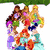Four distinct pixelated character groupings and a heart symbol with text, arranged in a on white background