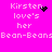 Pixelated pink background with white text reading "Kirsten love's her Bean-BeansBean-Beans" and animated black pixel clusters changing position near the top-right of each frame.