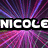 Pixelated text 'NICOLE' in white block letters on black background with radiating purple and pink lines and a bright central light burst.