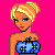 Pixel-art cartoon doll with blonde hair in a bun, wearing a blue top with yellow dots, green skirt, and green shoes, standing against a bright pink background.