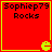 Red square with yellow border containing black text "Sophiep79 Rocks" and yellow Pac-Man icon at bottom-right corner.