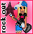 Pixel art buddy icon of a blonde character with green eyes holding a black star-shaped object against a pink background, featuring vertical text on the left and blue/white headwear.
