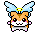 Pixel art hamster-like character with orange-brown head, white muzzle, pink cheeks, and light blue wings; yellow halo above head.