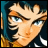 Pixelated anime-style character face with blue eyes and brown hair, next to stylized text on a black background.