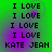 Green background with purple gradient overlays displaying repeated text "I LOVE" and "KATE JEAN" in pixelated font across four quadrants.