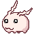 Pixelated pink creature with two horns, black square eyes, and a small mouth on gray background.
