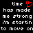 Black background with white pixelated text reading 'time has made me strong i'm startin to move on' and a red heart symbol replacing the letter O in time.