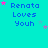 Cyan background with blue text 'Renata Loves Youh' and scattered pink/purple stars in a