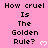 Pixelated text on pink background with white heart symbols, repeating 'How cruel Is The Golden Rule?' in three