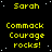 Yellow pixelated text on black background with white dots, repeating 'Sarah' and 'Commack Courage rocks!' in a pattern